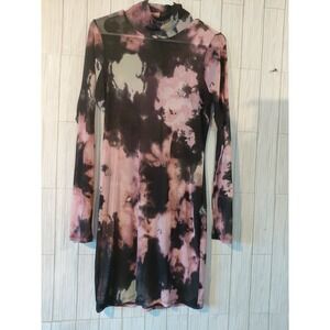Love Fire mesh turtleneck dress pink black tie-dye Cottagecore Streetwear Sz L